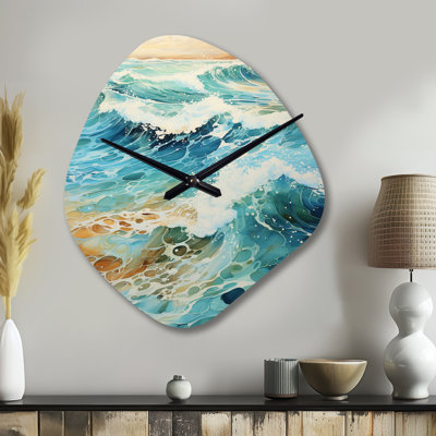Beach Beach Oceanic Rhythms X - Horloge de plage asymétrique en métal, horloge murale de forme unique bleu sarcelle