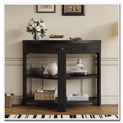 Console cannelée demi-lune avec tiroir et tablettes