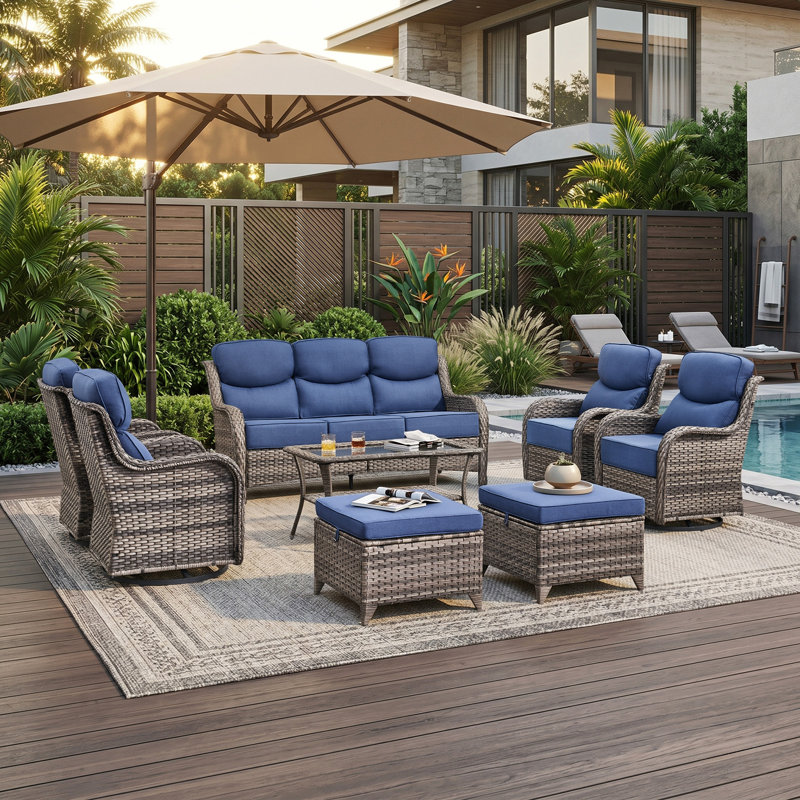 Heritage Haven 8-Pieces PE Wicker Outdoor Patio Conversation Set With 6" Thickness Cushions, DarkBlue
