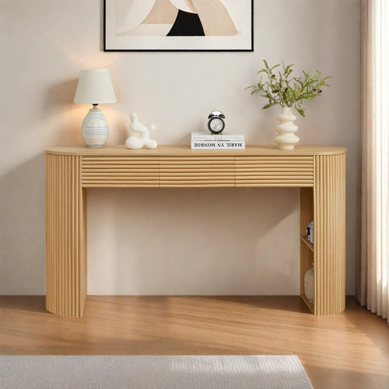 Console rétro avec rangement et conception à lattes rondes, Bois naturel