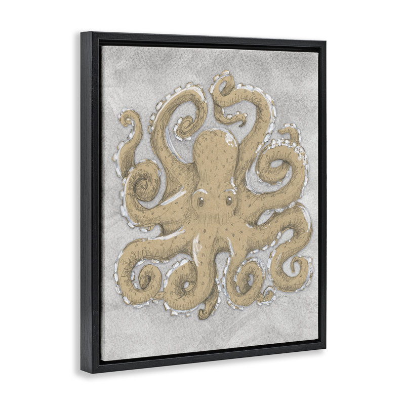 Cadre flottant gris avec dessin de pieuvre, design par Patti Bishop, H 21 po x l 17 po, Cadre flottant noir de jais
