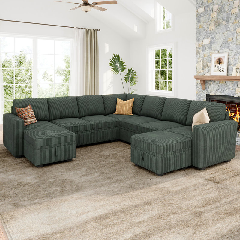 Caren Upholstered Sleeper Sectional Modular Sofa Bed With Ottoman, Green Corduroy