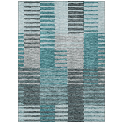 Tapis extérieur lavable à rayures bleu sarcelle 9 pi x 12 pi bleu turquoise et gris
