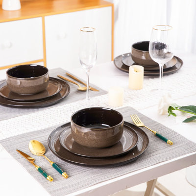 12-Piece Ceramic Dinnerware Set Service for 4, Reactive Glaze Plates and Bowls, Scratch Resistant Microwave Oven and Dishwasher Safe
