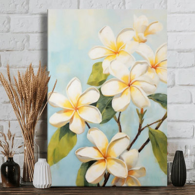 «Tropical Frangipani Blooms», impression sur toile tendue tendue à l'huile pastel - H 24 po x l 36 po x P 1 po