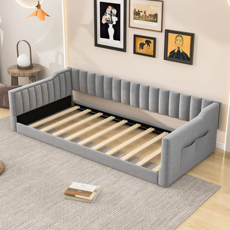 Lit de jour rembourré en velours avec poche de rangement latérale pour les chambres d'amis, Gris, Simple extra long
