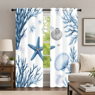 2Pcs Blue and White Nautical Curtains, Coastal Style Ocean Theme Curtain, Modern Seaside Coral Starfish Shell Printed Grommet Drapes, Window Treatment for Bedroom Living Room Decor