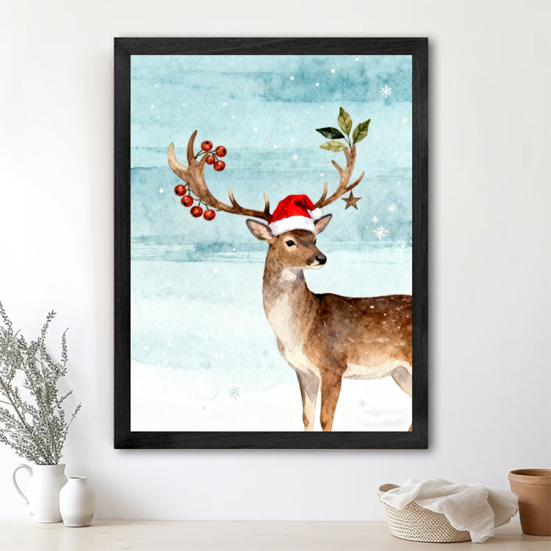 Renne de Noël rétro encadré noir portant un chapeau de père Noël, impression d'art de style rétro, H 17 po x l 13 po