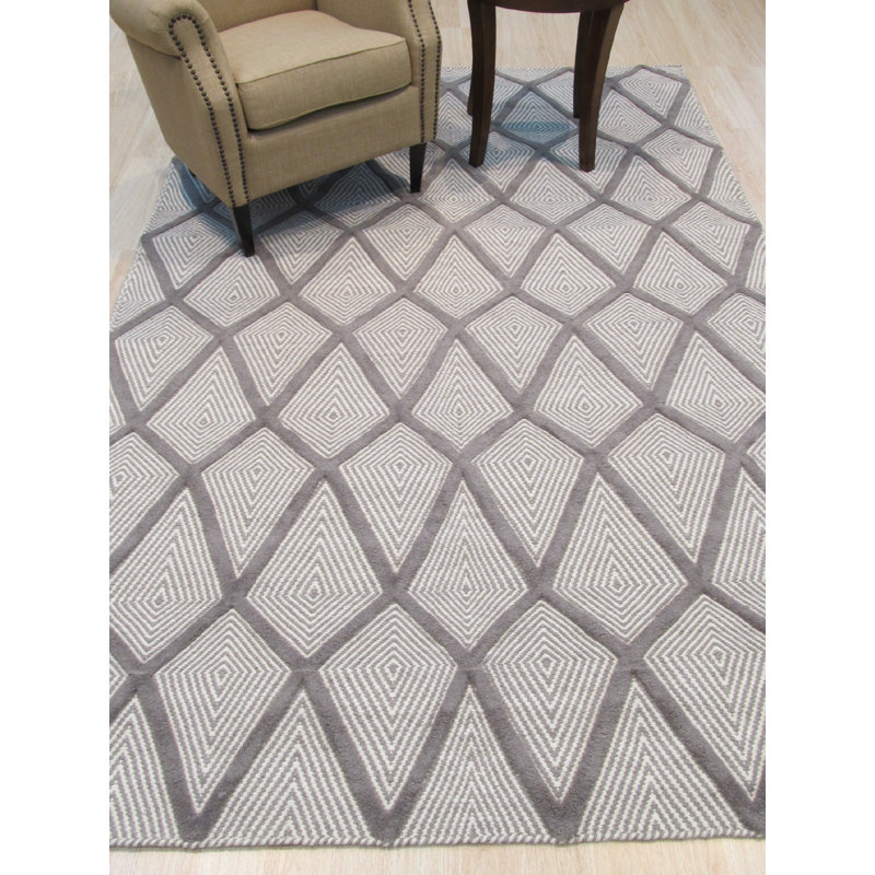Willman Diamond Gray Hand Knotted Wool Silver Transitional Trellis Handmade Area Rug, Rectangle 6' x 9'