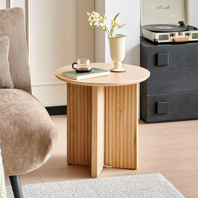 Table de bout ronde cannelée, table d'appoint 19 po, table de chevet moderne, table de chevet moderne Mid-Century, assemblage facile, pour les petits espaces, salon, chambre à coucher, chêne