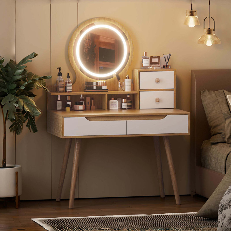 Makeup Vanity Desk with 3 Adjustable Lighted Mirror with solid wood table feet , Dressing Table Set with 4 drawers and 3 open shelves  for Small space Bedroom