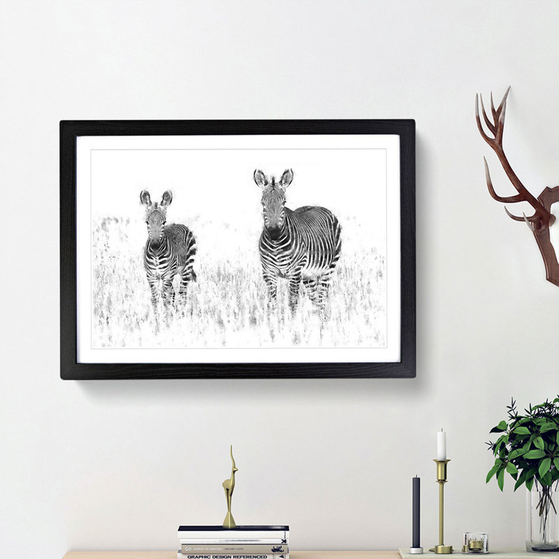 Two Zebras - Picture Frame Painting Print, Walnut Framed, 24cm H x 33cm W x 2cm D