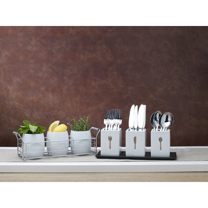 3 Piece Flatware Caddy Set with Wood Tray
