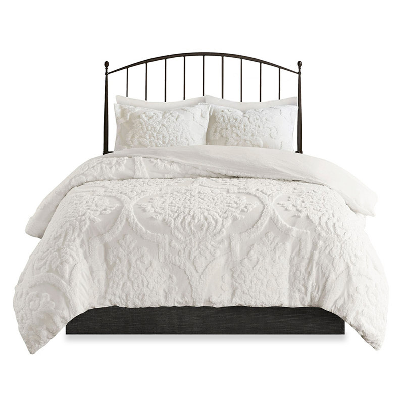 Ensemble d'édredon damassé en coton 3 pièces touffeté blanc cassé, Édredon très grand + 2 taies décoratives, Blanc cassé
