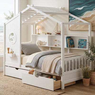 Lit de maison en bois avec tiroirs de rangement, structure de lit pour enfants avec toit, lit de rangement peu encombrant avec tablette, cadre de lit plateforme pour enfants en pin pour l'organisation de la chambre à coucher