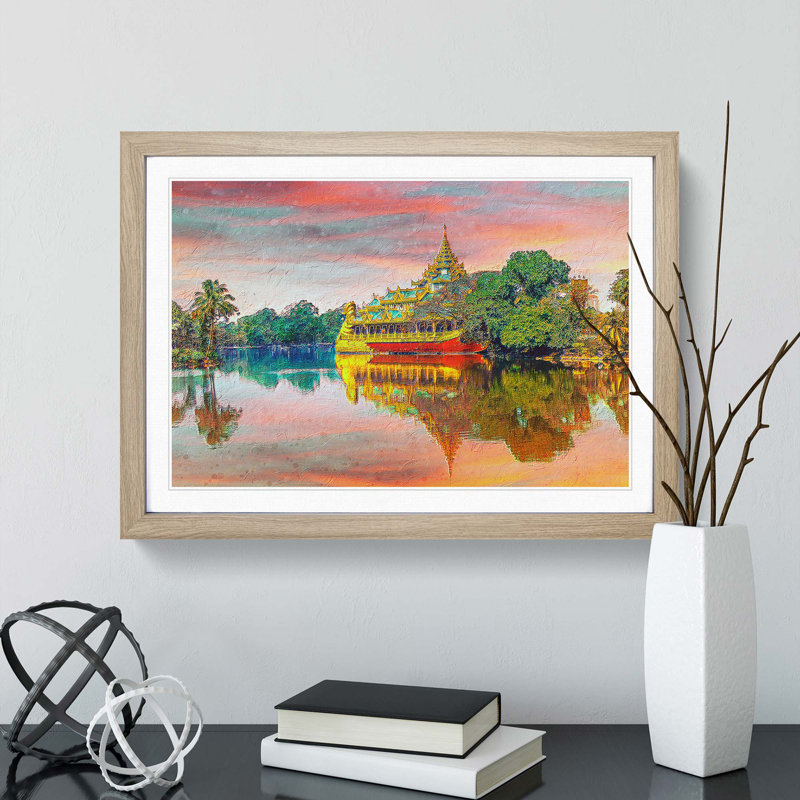 Karaweik Palace in Yangon Myanmar - Picture Frame Painting Print, 27cm H x 36cm W x 2cm D, Oak Framed