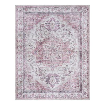  Crystal Print Tiefi Pink Ivory Multi Traditional Medallion Washable Flat Pile Indoor Area Rug