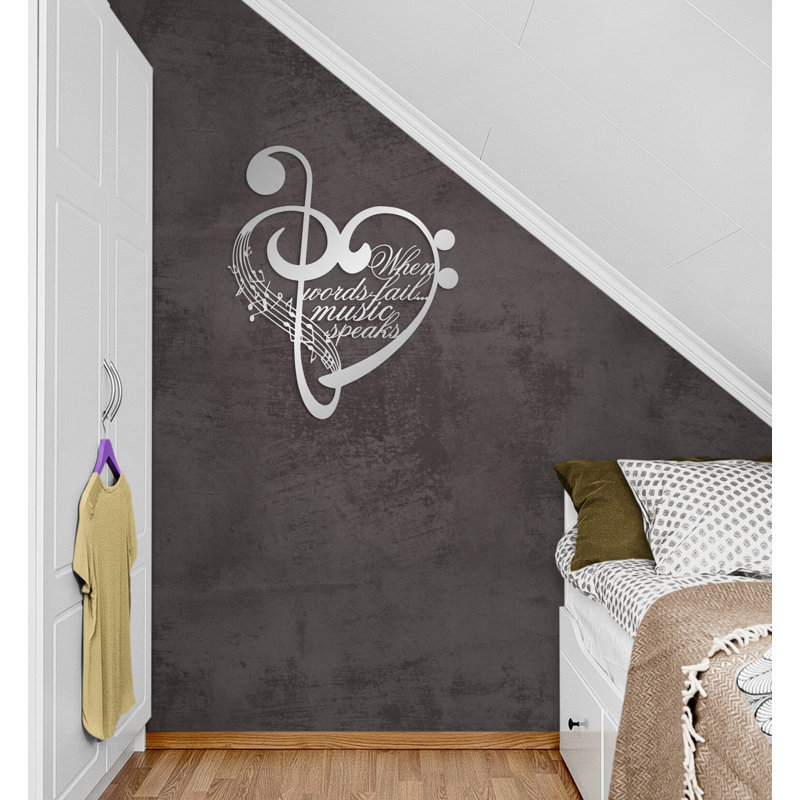 Metal Notes and Heart Wall Art, When words fail music speaks, Metal Wall Decor for Musician Gift, Matte Silver