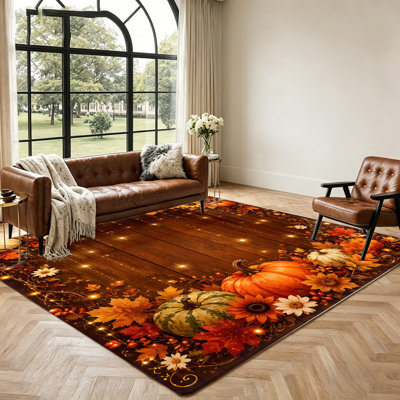 Autumn Harvest Pumpkin Rug, Thanksgiving Decor, Fall Leaves Warm Lights Design, Festive Accent Rug for Living Room, Bedroom, Entryway, Home Decor