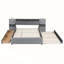 Grand lit plateforme tapissier avec lumières de lecture, tiroirs, gigogne et tablettes, gris