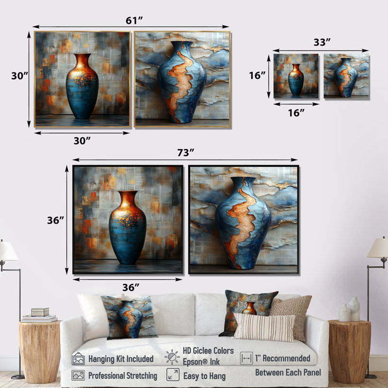 «Golden Blue Celestial Pottery Dreams III - Boho Pottery Wall Art - Art mural traditionnel pour le salon 2 pièces