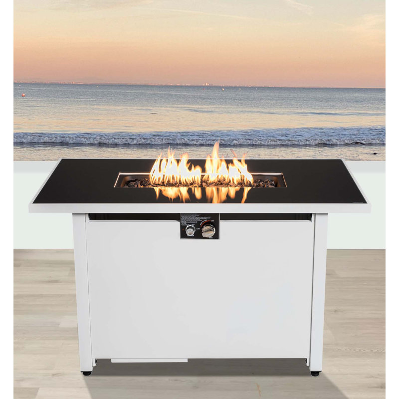 Table de foyer d'extérieur en acier inoxydable avec couvercle Havery, H 25 po x l 43 po x P 22 po, Blanc