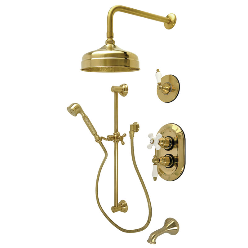 Kingston Brass Restoration Thermostatic Tub and Shower System, Brushed Brass