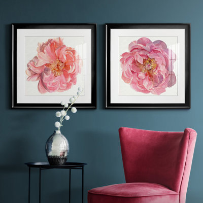 Blossomed Peony I - Pink Peonies Wall Art, Matted and Framed Under Acrylic Glass, Set of 2, Large Living Room Wall Art