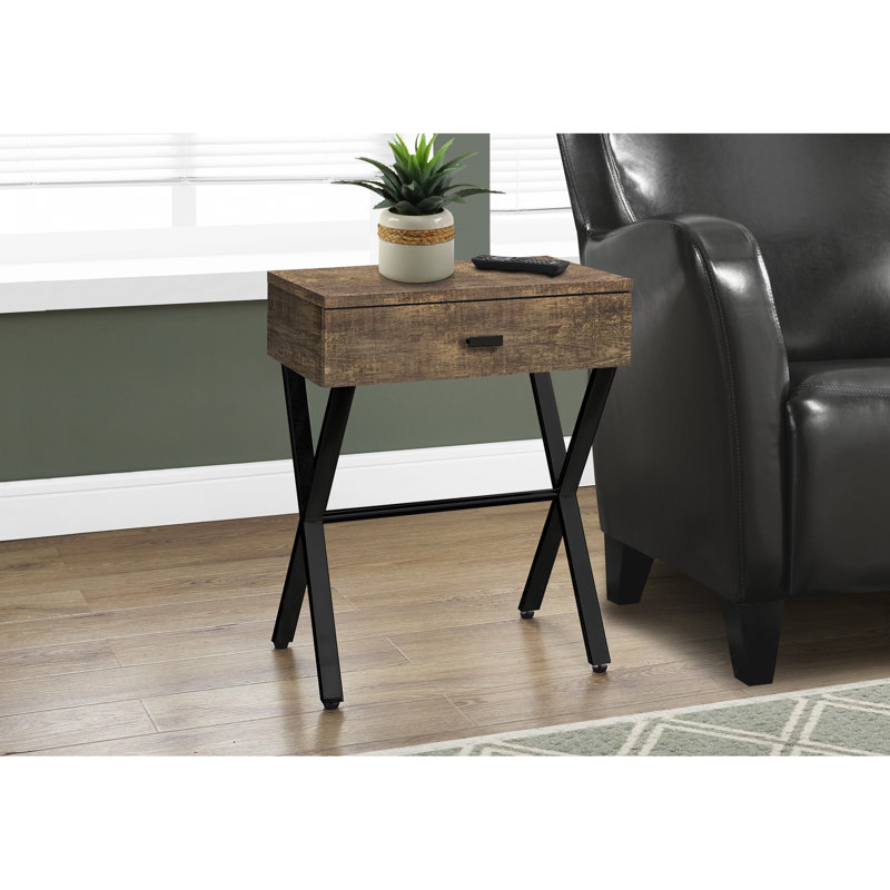 Table d'appoint moderne avec surface en stratifié brun et base en métal noir, convenant à un compartiment de rangement pour la chambre à coucher