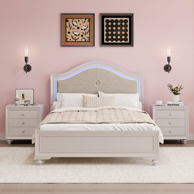 3 Pieces Bedroom Sets Full Size Wood Bed With Hidden LED Light Upholstered Headboard + 2 Nightstands, Cream Grey