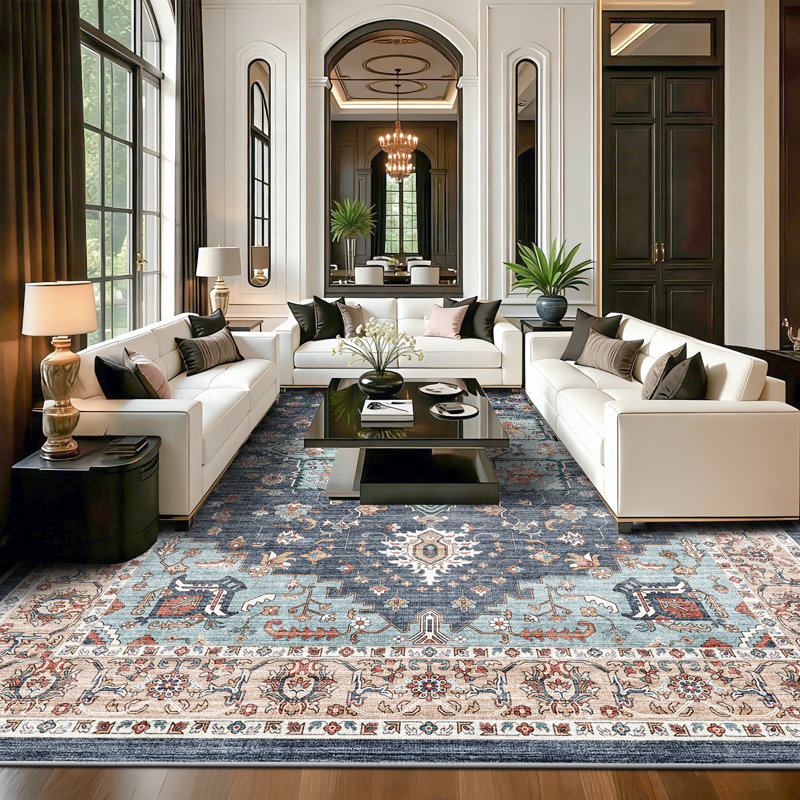 Washable Oriental Area Rug - Rugs for Living Room Soft Carpet for Bedroom Waterproof Floral Distressed Indoor Stain Resistant Non-Shedding Floor Carpets (Blue/Teal/Orange)