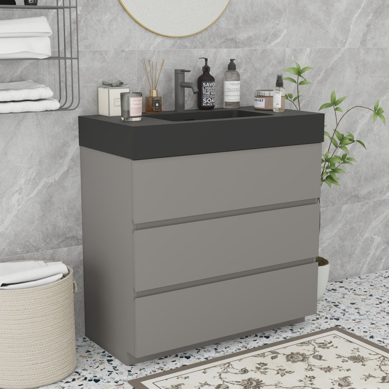 Meuble-lavabo moderne autoportant, Noir, Gris