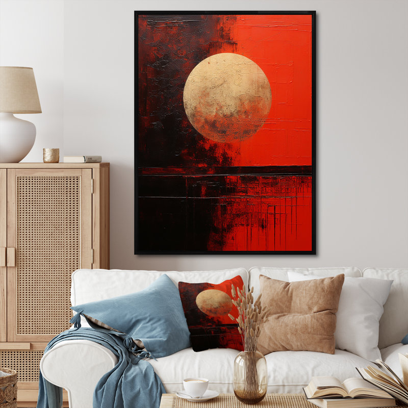 Reproduction d'art sur toile lune dorée et rouge, Cadre flottant noir, H 40 po x l 30 po x P 1,5 po