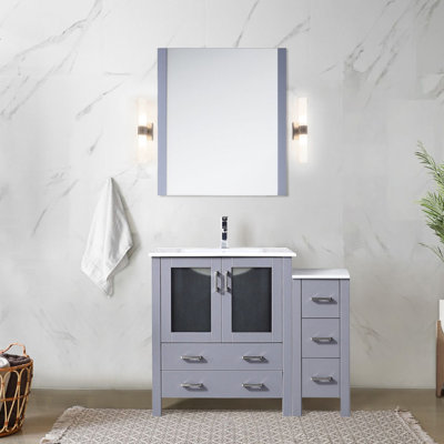 42 po Large meuble-lavabo gris foncé pour la salle de bain avec compartiments à tiroirs latéraux, robinet, comptoir en céramique blanche et 28 compartiments à finition miroir à fixation murale, preuve