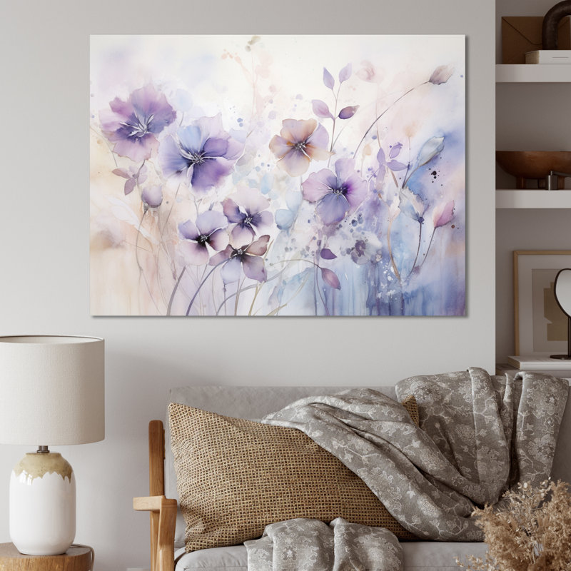 Mauve et fleurs mystiques III - art botanique abstrait, H 24 po x l 32 po x P 1 po, Toile tendue