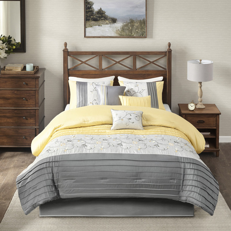Édredon jaune grand 7 pièces - Style brodé, rembourrage, lavable à la machine, jupe de lit incluse, inclut l'édredon, les taies décoratives, les oreillers, la jupe, lavable