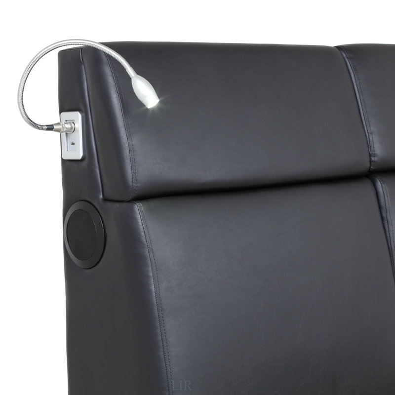 Grand lit musical avec éclairage tactile, son Bluetooth et plateau à boissons pour un confort moderne.