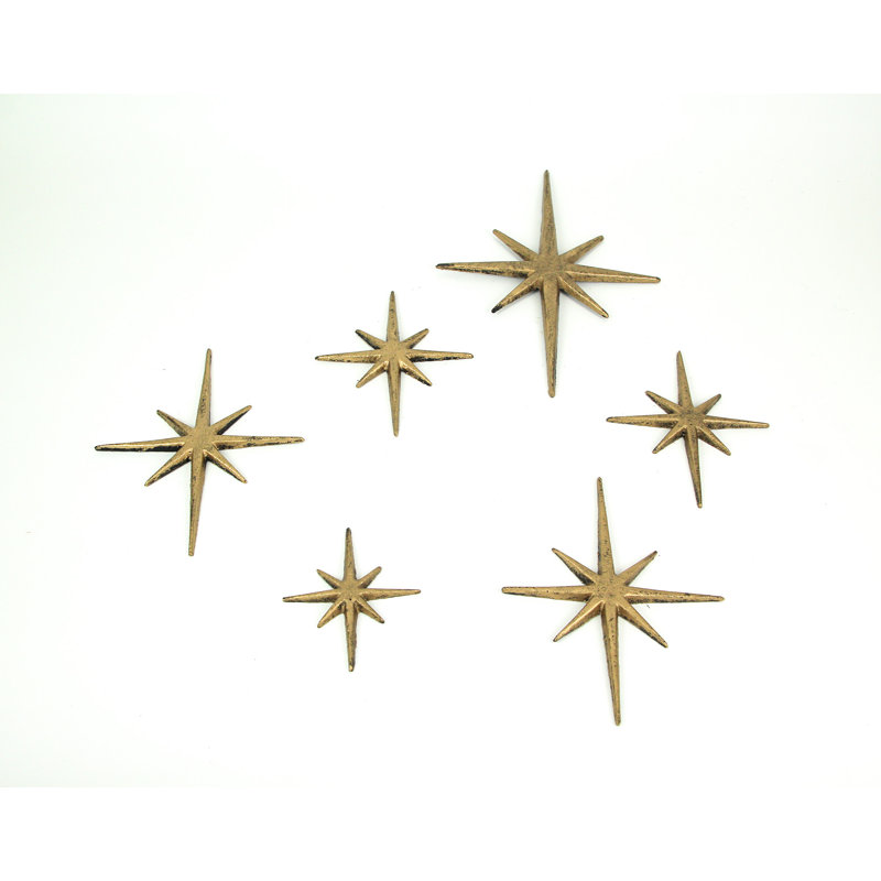 Mid-Century Modern metallic gold cast iron starburst wall art set of 6, antiqued enamel 8-point stars — 4.25-8.75"L x 0.25"W x 4.75-12"H
