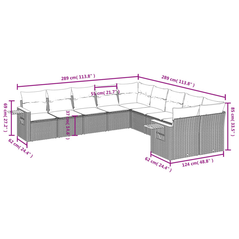  Ensemble de canapé de patio 10 pièces avec coussins en rotin de polyester gris, Gris, Gris
