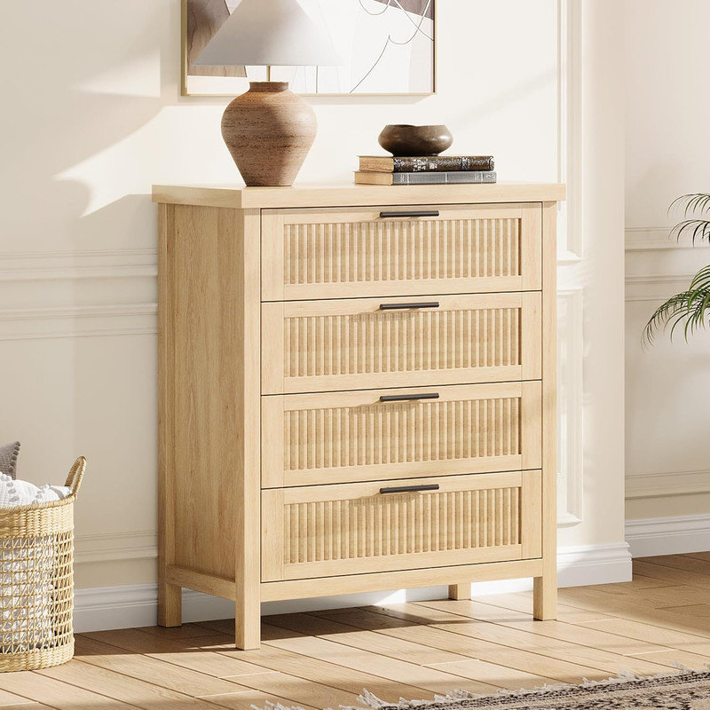 35" Fluted 4-Drawer Dresser, Black Wooden Chest Storage Organizer for Bedroom Living Room, Cream