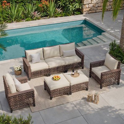 5-Piece Outdoor Patio Conversation Set with 3-Seat Sofa, Armchairs and Ottomans