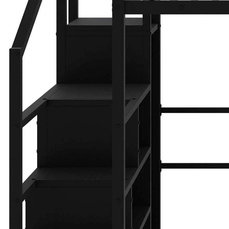 Lit mezzanine multifonctionnel en métal avec poste de travail intégré, garde-robe, escalier de rangement et lumière DEL, Noir