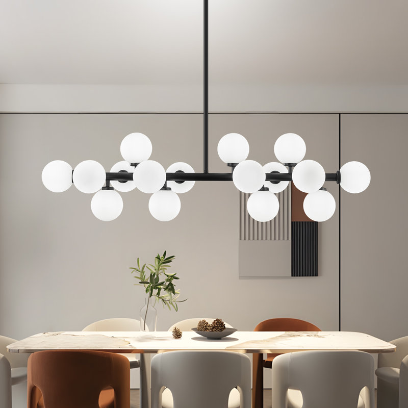 16 - Light Dimmable Bubble Glass Sputnik Modern Linear Chandelier, White, Black and White