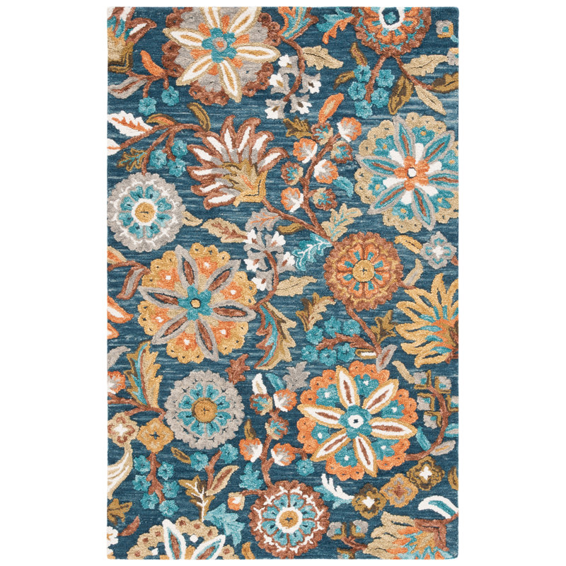 Tapis bleu / ivoire en laine / coton touffeté à la main Rubylee, Rectangle 4 pi x 6 pi