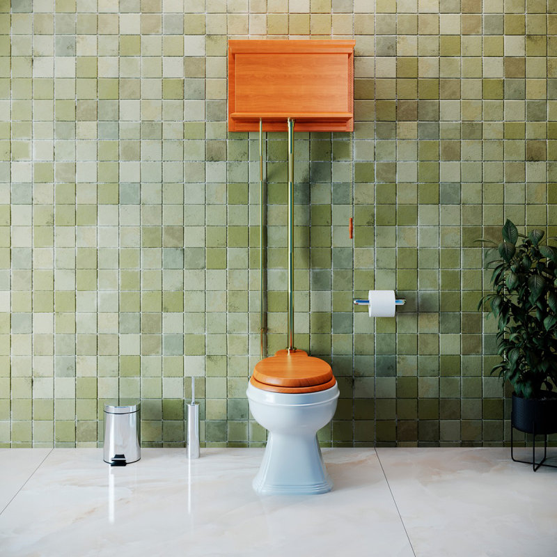 The Renovators Supply High Tank Pull Chain Toilet with Light Oak Wooden Finish (Seat Not Included), Gold