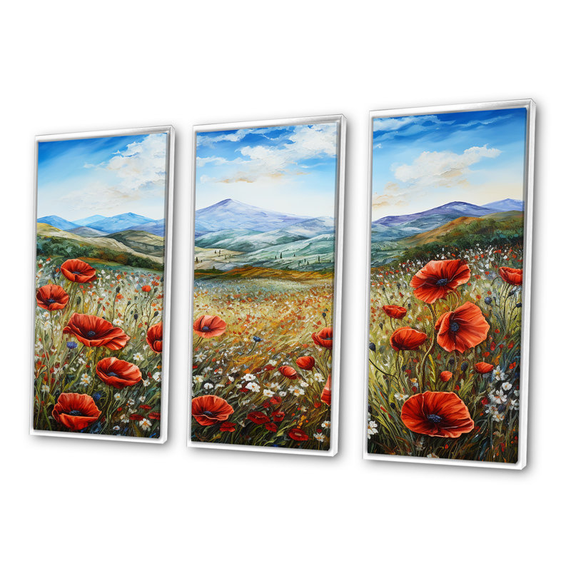 «Red Poppies Field In Mountain II» - ensemble d'art mural coquelicots, Cadre flottant blanc, H 32 po x l 48 po x P 1 po