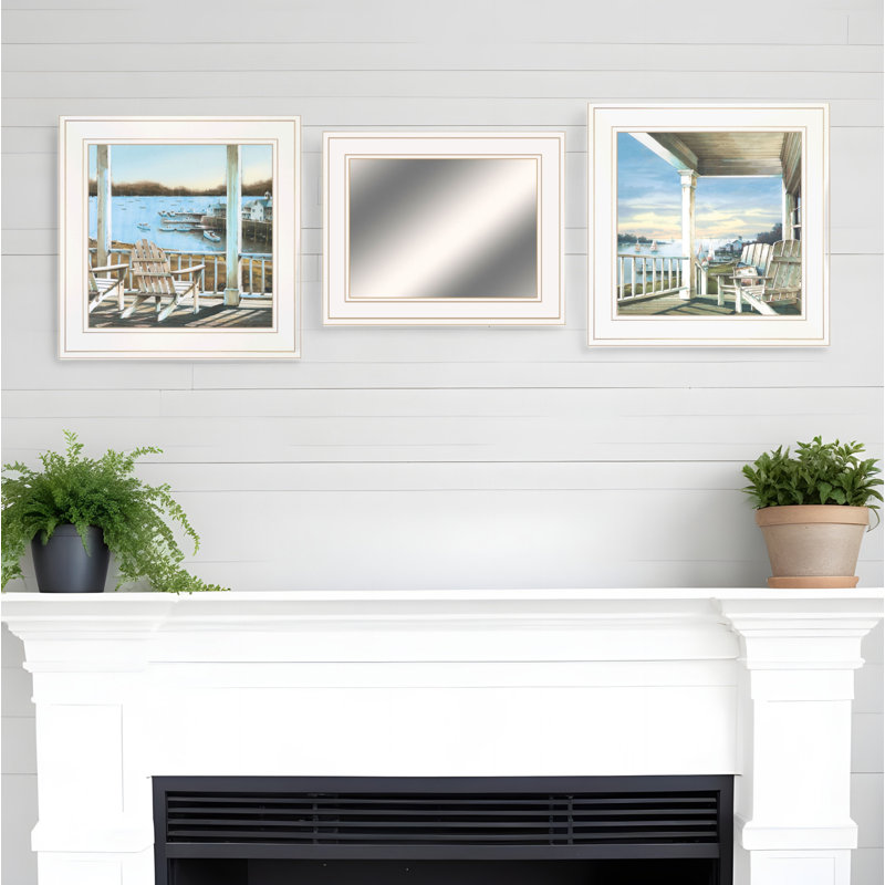 Set of Three White Framed Lake House Landscape Prints with Mirror