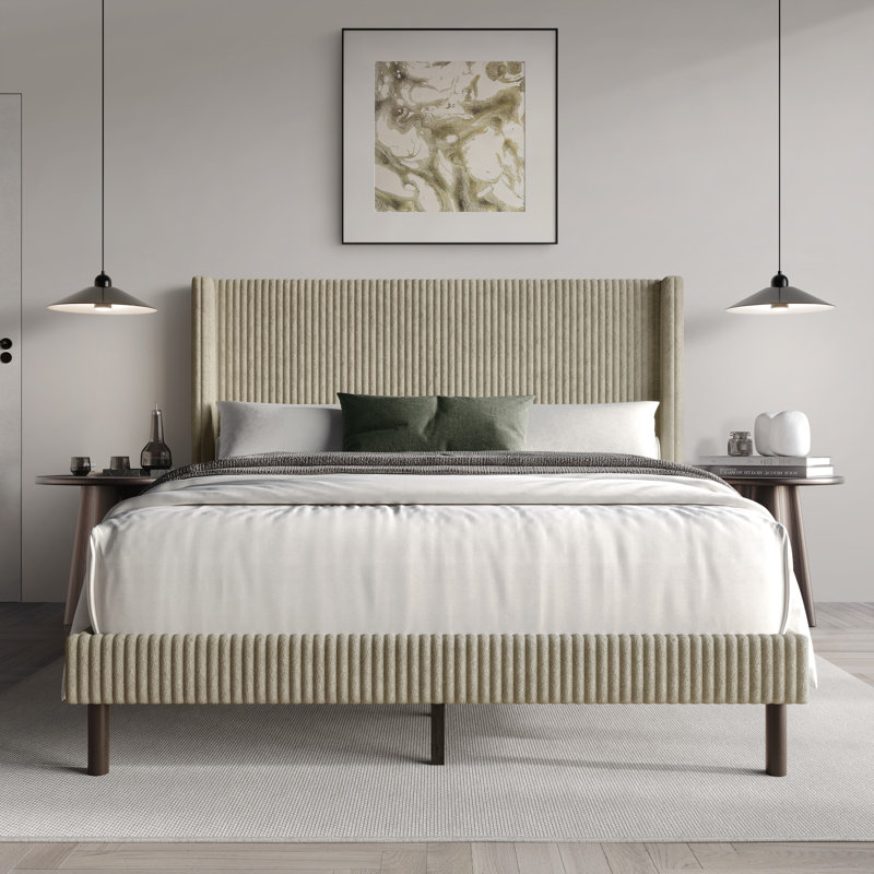 Duluth Upholstered Wingback Platform Bed, Beige, Full