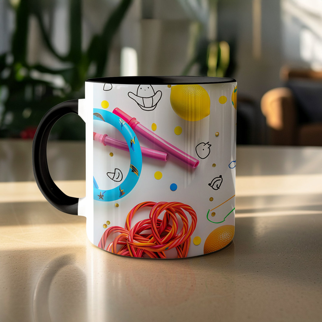 Set of 3 Kids Drawing Style 11oz Accent Mugs – White Ceramic Coffee Cups with a Black Handle and Interior
