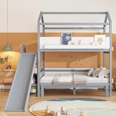 House-Shaped Wooden Bunk Bed With Slide & Storage Staircase